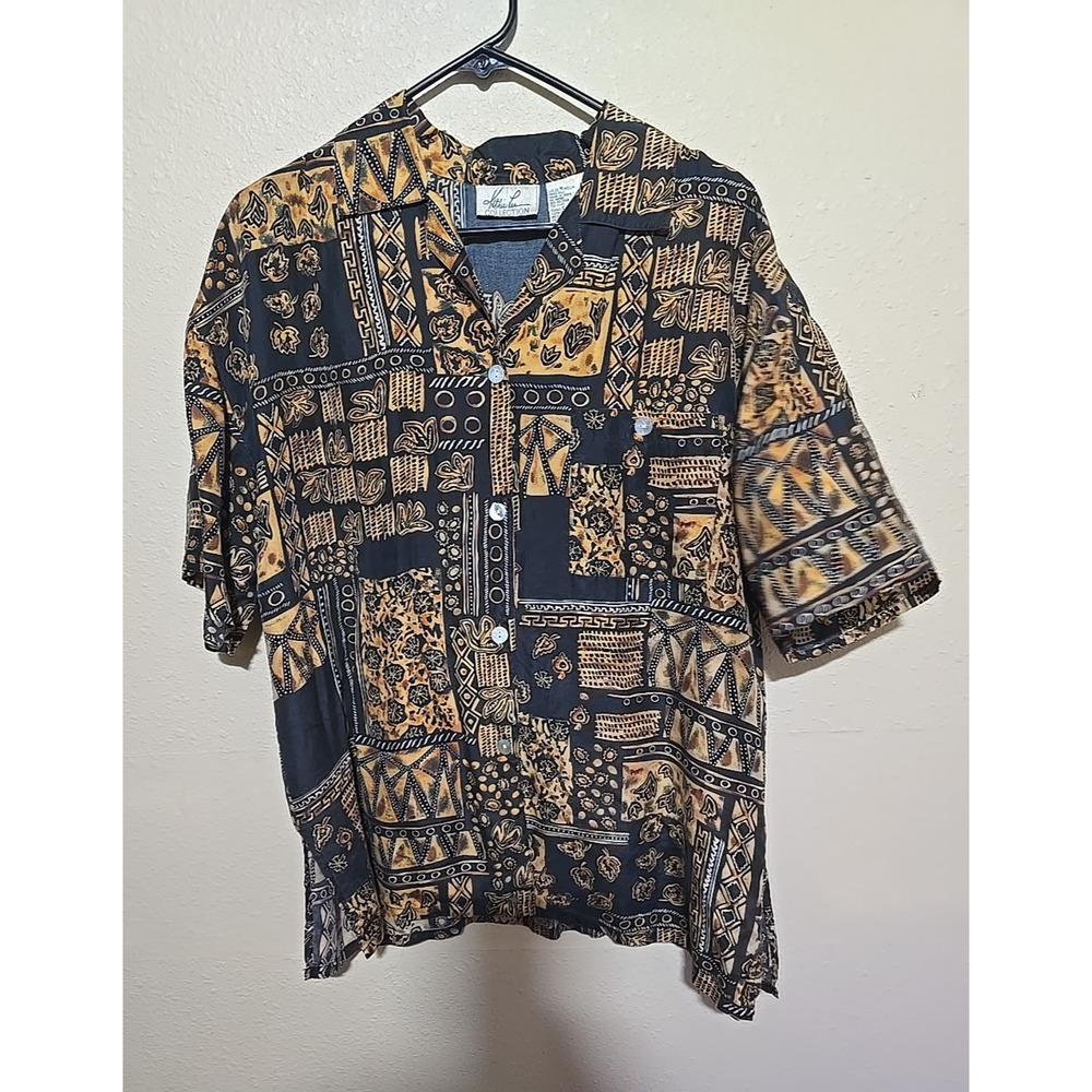 Vtg Kathie Lee Yellow Aztec Silk Short Sleeve Button Down Shirt Womans Medium